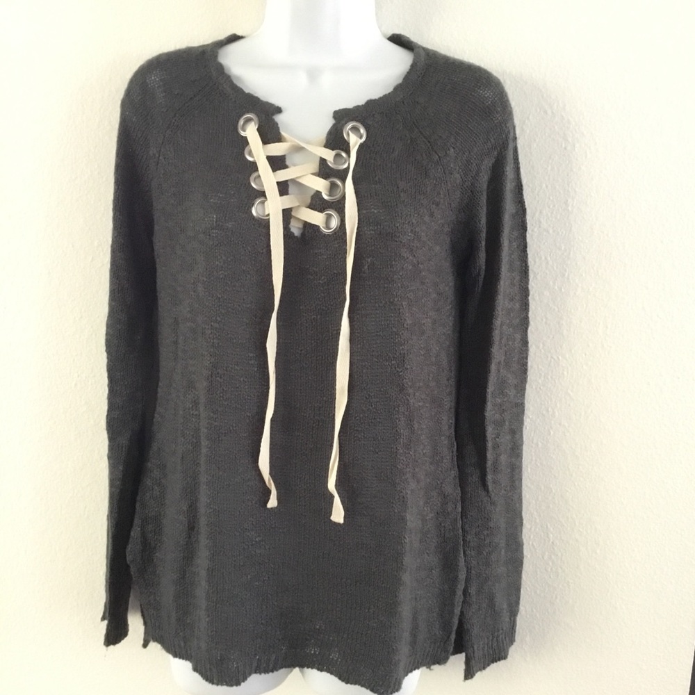 Xhilaration Charcoal Gray Lace-Up Sweater